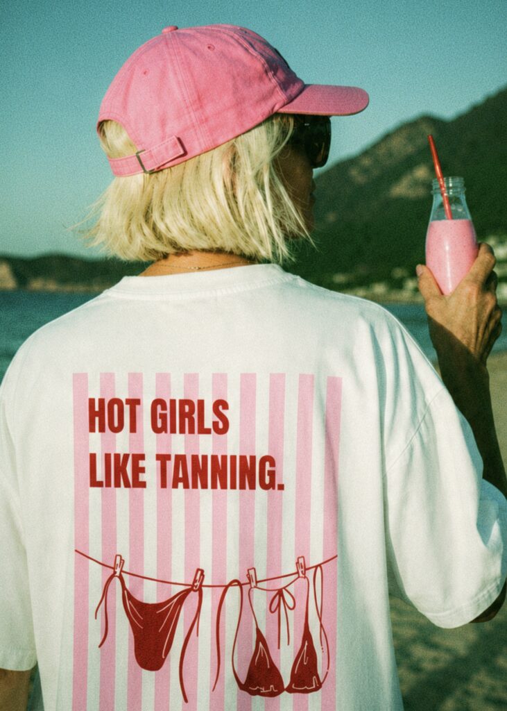 T-shirt oversize blanc avec une grande illustration rectangulaire composée de rayures roses et blanches. Une corde à linge tendue supporte deux maillots de bain rouges. Au-dessus, l'inscription « Hot Girls Like Tanning » est écrite en lettres rouges. Le logo Angeez apparaît en bas à droite du visuel.